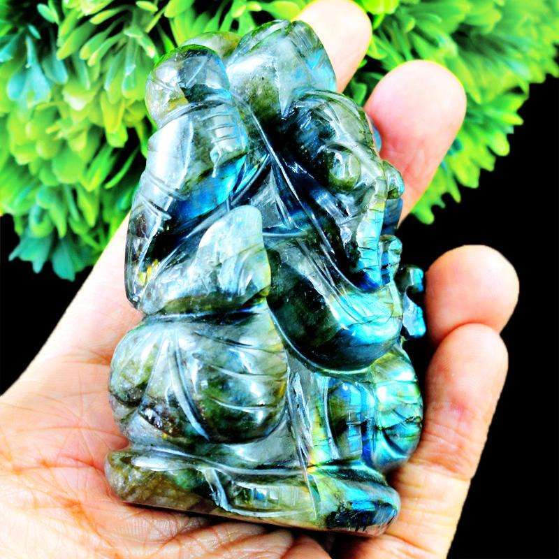 gemsmore:Hand Carved Blue Flash Labradorite Lord Ganesha Idol