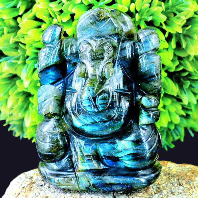 gemsmore:Hand Carved Blue Flash Labradorite Lord Ganesha Idol