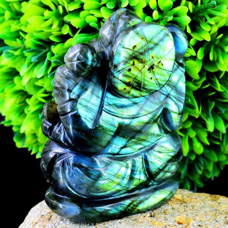 gemsmore:Hand Carved Blue Flash Labradorite Lord Ganesha Idol