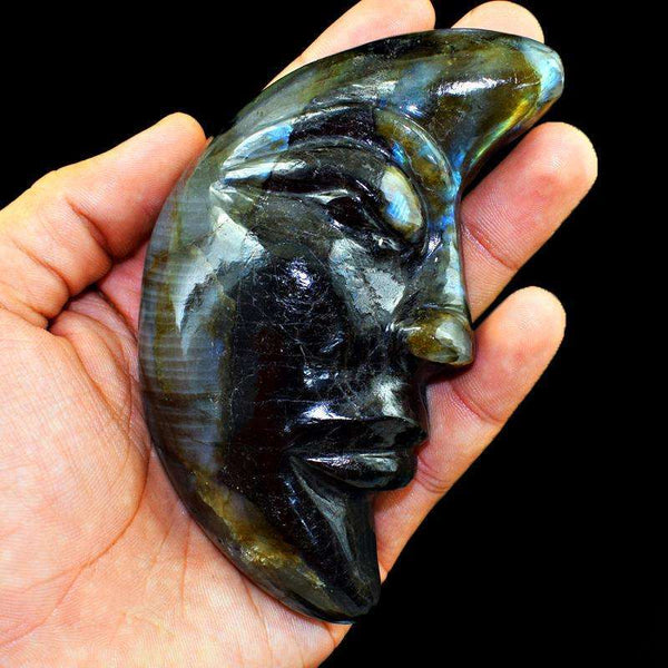 gemsmore:Hand Carved Blue Flash Labradorite Moon Face