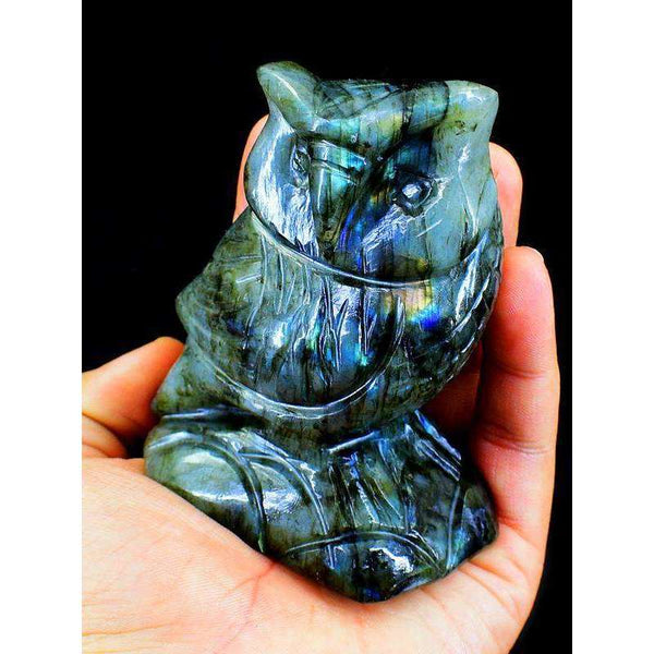 gemsmore:Hand Carved Blue Flash Labradorite Owl