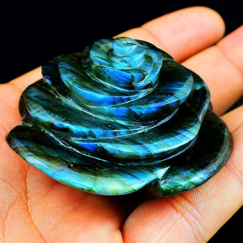 gemsmore:Hand Carved Blue Flash Labradorite Rose Carving