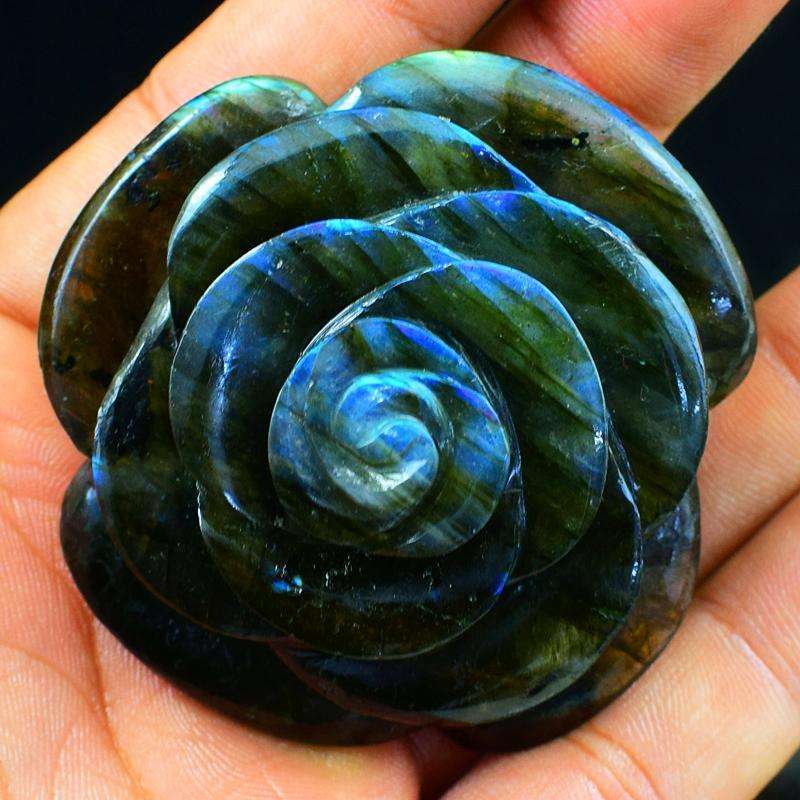 gemsmore:Hand Carved Blue Flash Labradorite Rose Carving