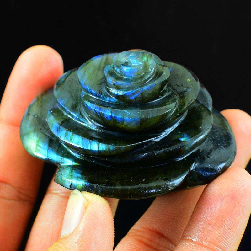 gemsmore:Hand Carved Blue Flash Labradorite Rose Carving