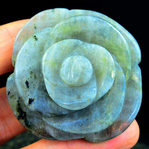 gemsmore:Hand Carved Blue Flash Labradorite Rose Flower