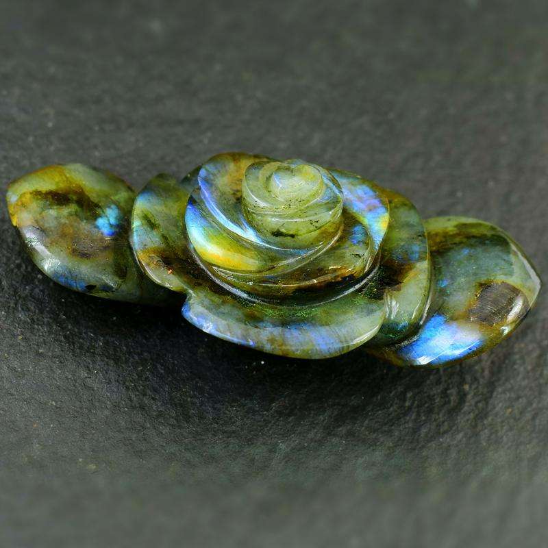 gemsmore:Hand Carved Blue Flash Labradorite Rose With Leaf