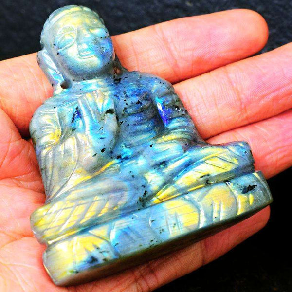 gemsmore:Hand Carved Blue & Golden Flash Labradorite Lord Buddha Idol