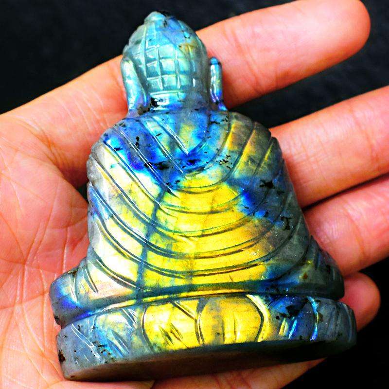 gemsmore:Hand Carved Blue & Golden Flash Labradorite Lord Buddha Idol