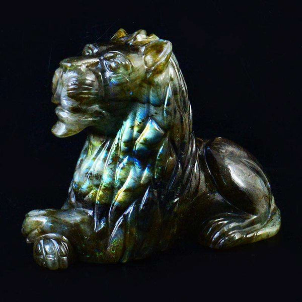 gemsmore:Hand Carved Golden & Blue Flash Labradorite Carved Lion