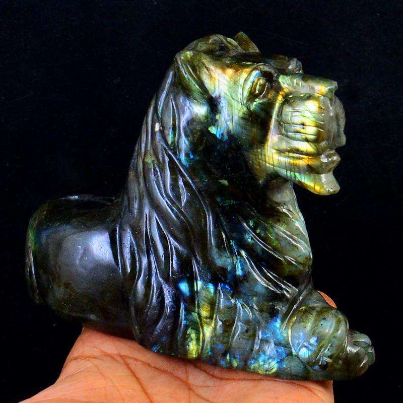 gemsmore:Hand Carved Golden & Blue Flash Labradorite Carved Lion