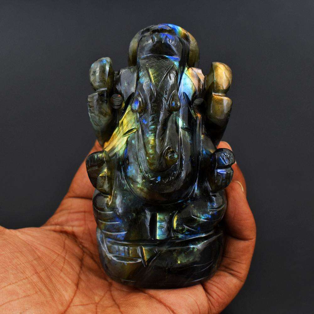 gemsmore:Hand Carved Golden & Blue Flash Labradorite Ganesha Idol