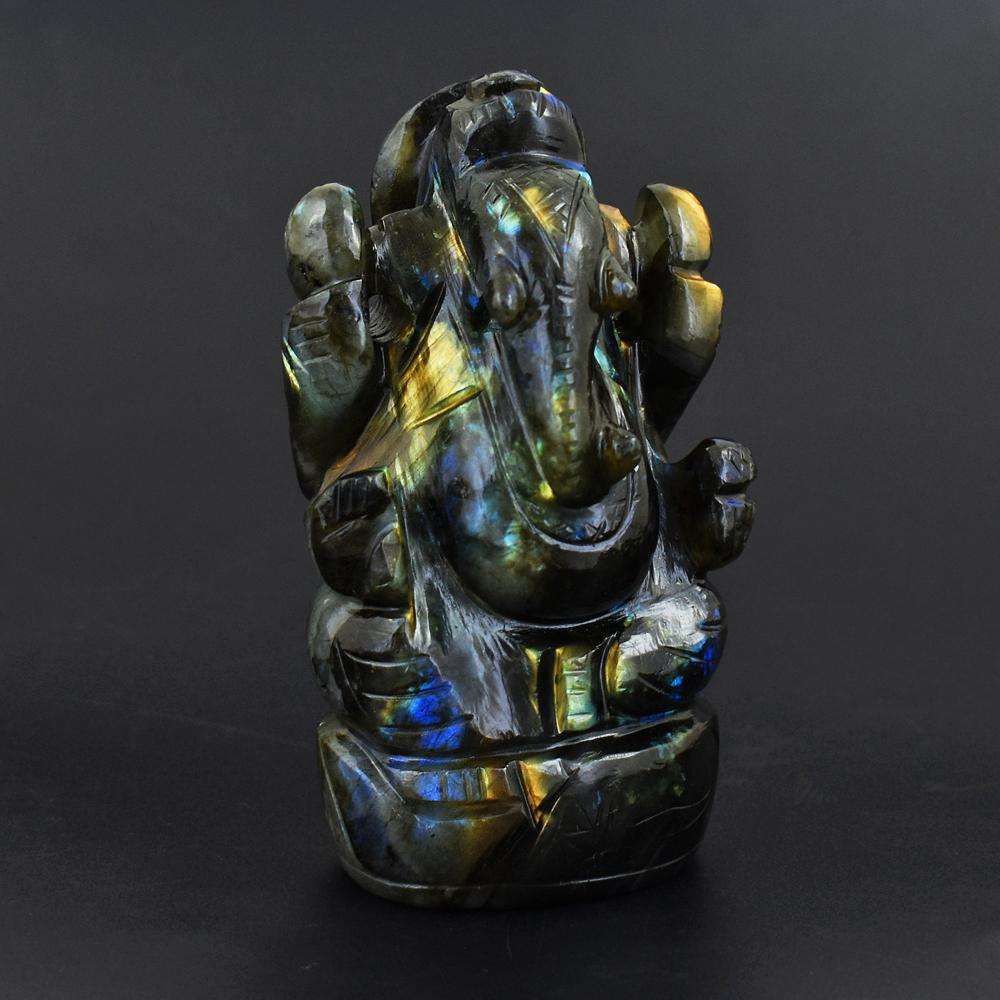 gemsmore:Hand Carved Golden & Blue Flash Labradorite Ganesha Idol