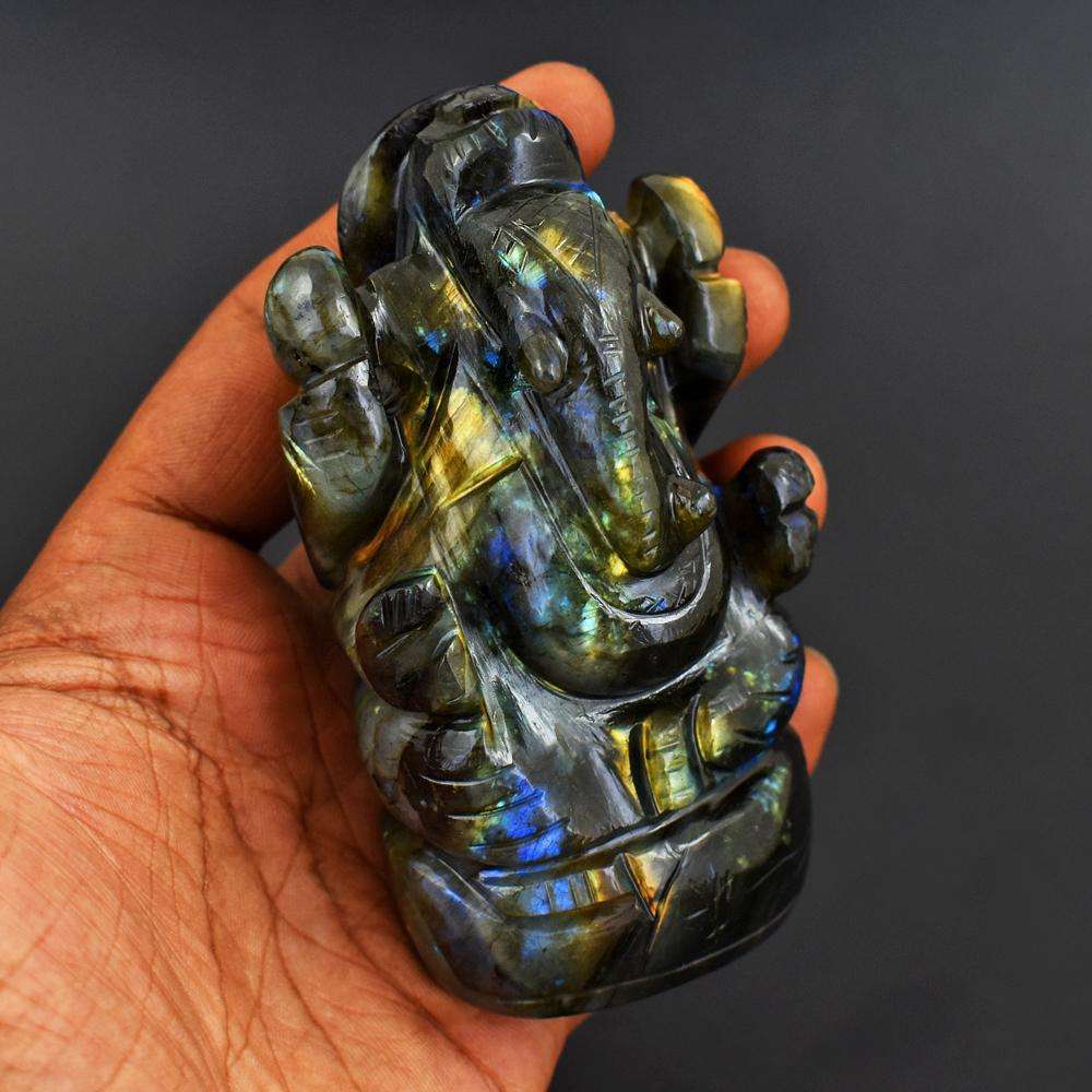 gemsmore:Hand Carved Golden & Blue Flash Labradorite Ganesha Idol