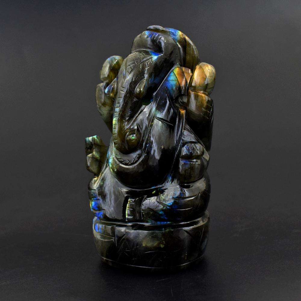 gemsmore:Hand Carved Golden & Blue Flash Labradorite Ganesha Idol