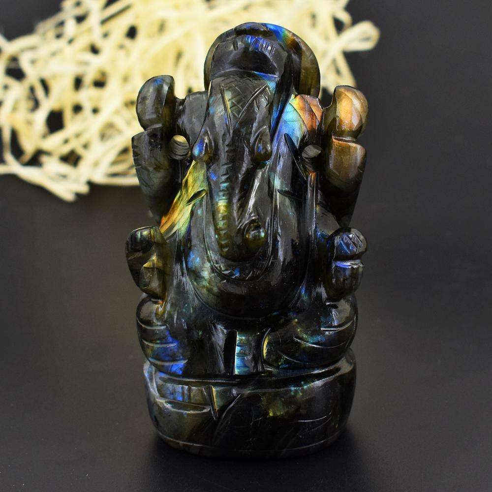 gemsmore:Hand Carved Golden & Blue Flash Labradorite Ganesha Idol