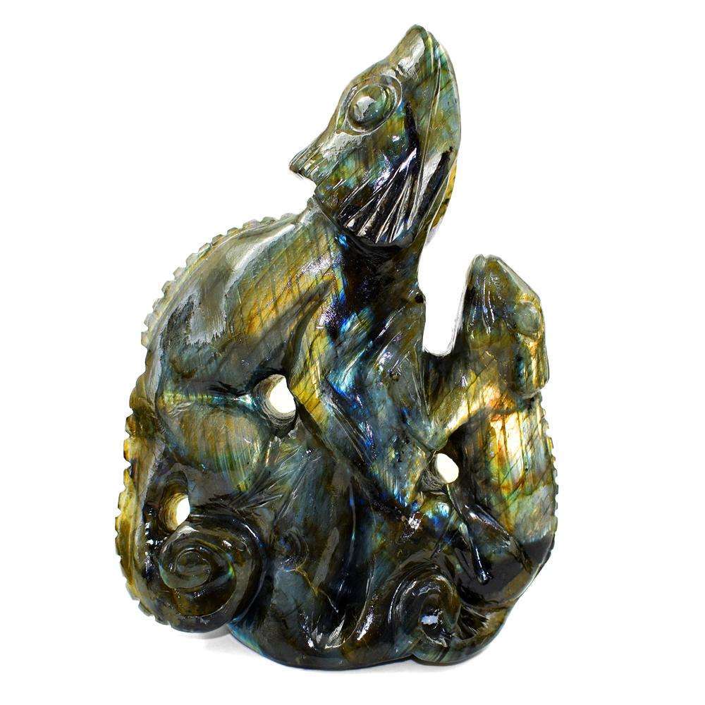 gemsmore:Hand Carved Golden & Blue Flash Labradorite Lizard And Its Baby