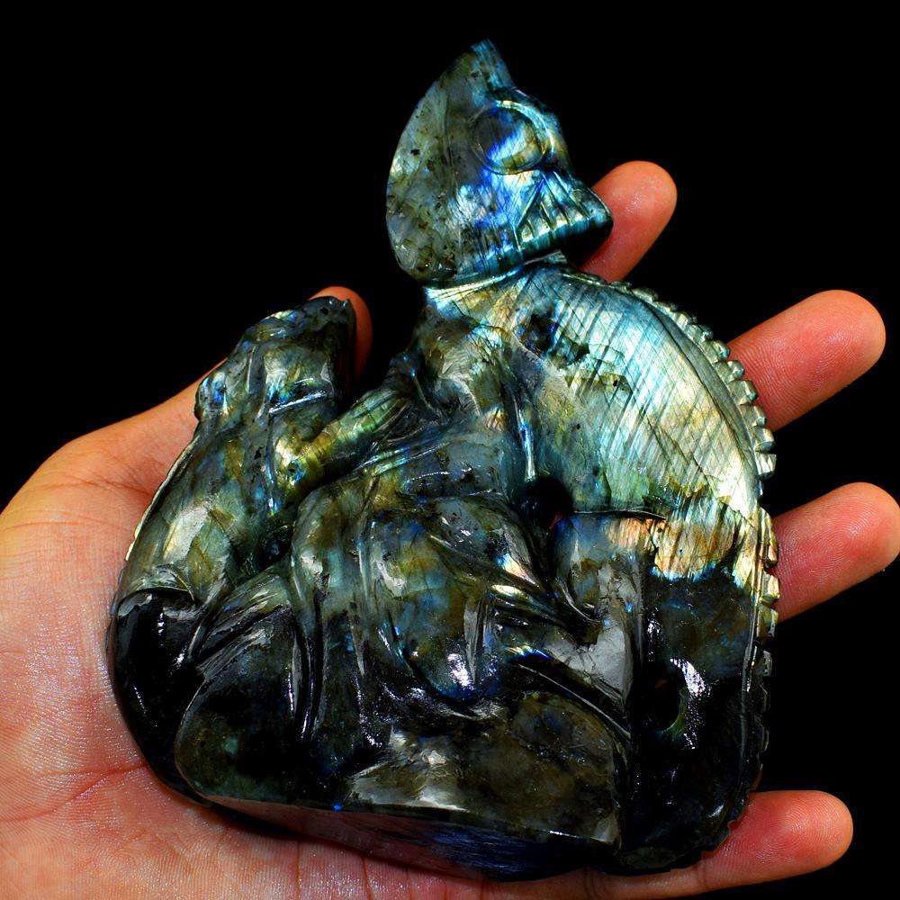 gemsmore:Hand Carved Golden & Blue Flash Labradorite Lizard And Its Baby