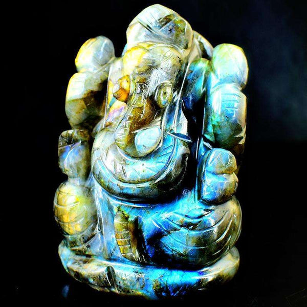 gemsmore:Hand Carved Golden & Blue Flash Labradorite Lord Ganesha Idol