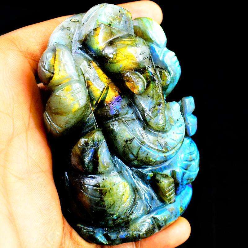 gemsmore:Hand Carved Golden & Blue Flash Labradorite Lord Ganesha Idol