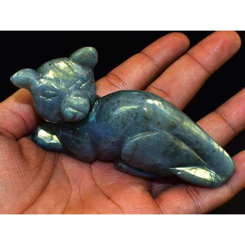 gemsmore:Hand Carved Golden Flash Labradorite Cat Carving