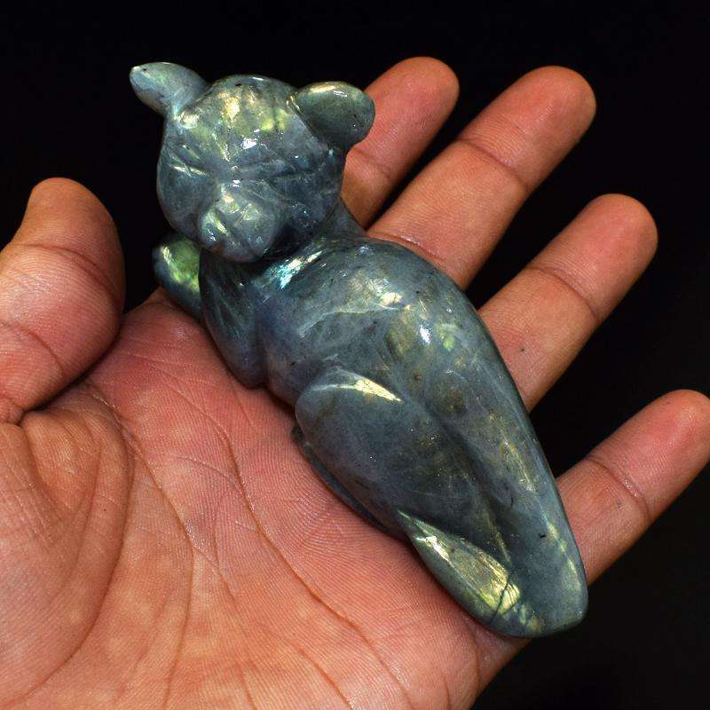 gemsmore:Hand Carved Golden Flash Labradorite Cat Carving