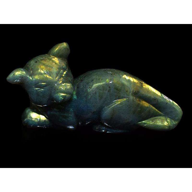 gemsmore:Hand Carved Golden Flash Labradorite Cat Carving