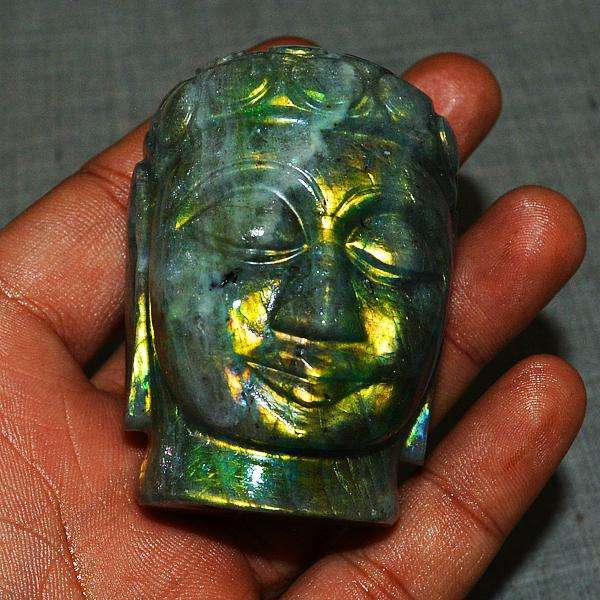 gemsmore:Hand Carved Golden Flash Labradorite Lord Buddha Head