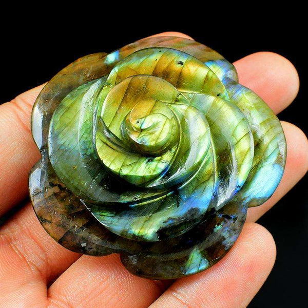 gemsmore:Hand Carved Golden Flash Labradorite Rose - Genuine