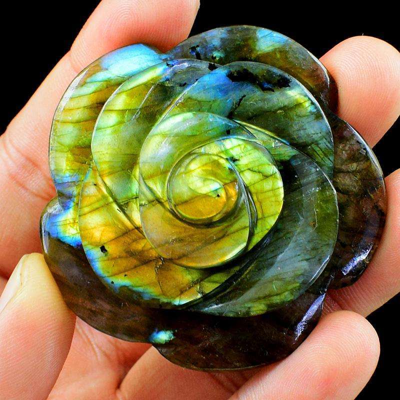 gemsmore:Hand Carved Golden Flash Labradorite Rose - Genuine