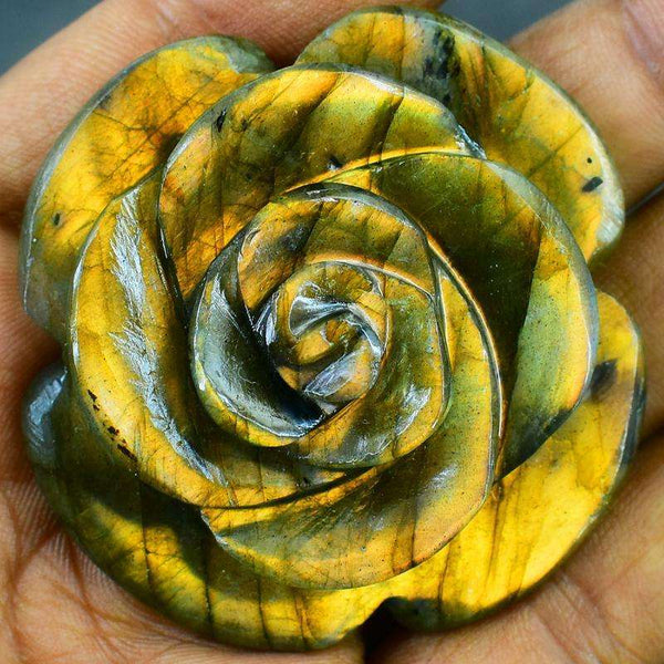 gemsmore:Hand Carved Golden Flash Labradorite Rose Flower