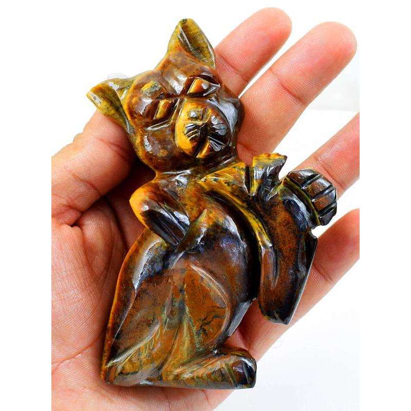 gemsmore:Hand Carved Golden Tiger Eye Cat With Fish Gemstone