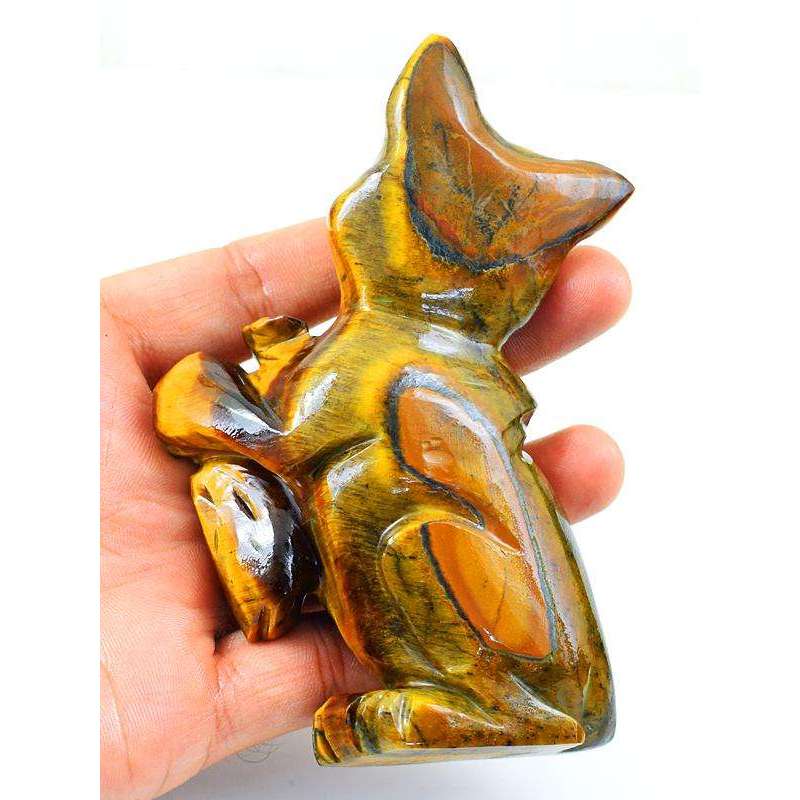 gemsmore:Hand Carved Golden Tiger Eye Cat With Fish Gemstone