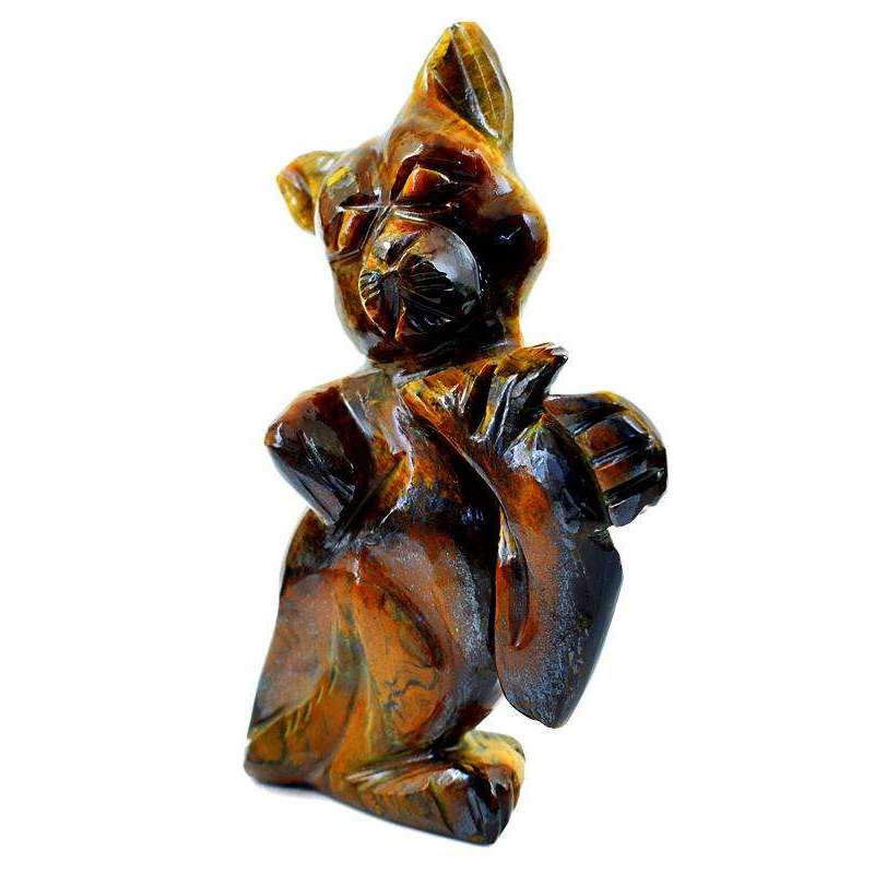 gemsmore:Hand Carved Golden Tiger Eye Cat With Fish Gemstone