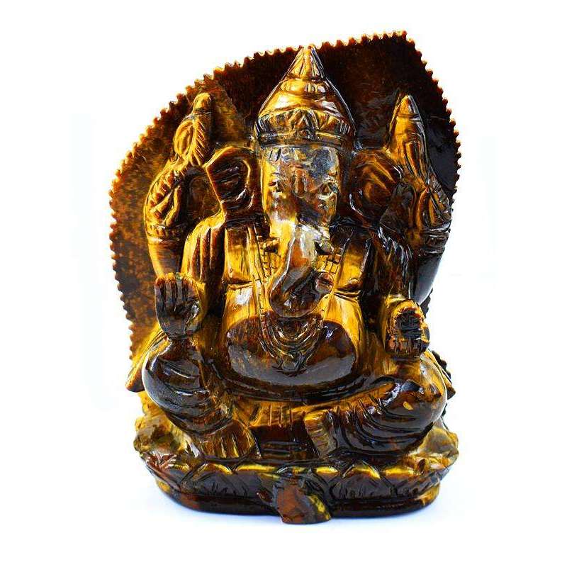 gemsmore:Hand Carved Golden Tiger Eye Ganesha With Leaf At Back