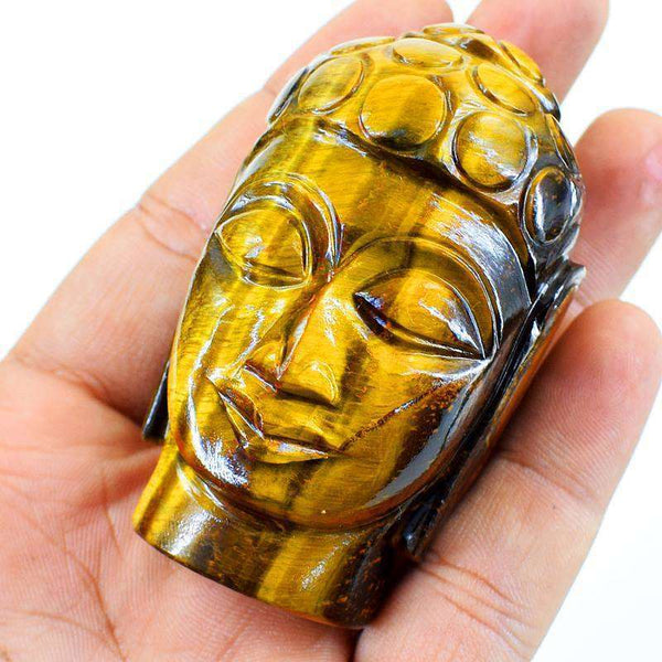 gemsmore:Hand Carved Golden Tiger Eye Lord Buddha Head
