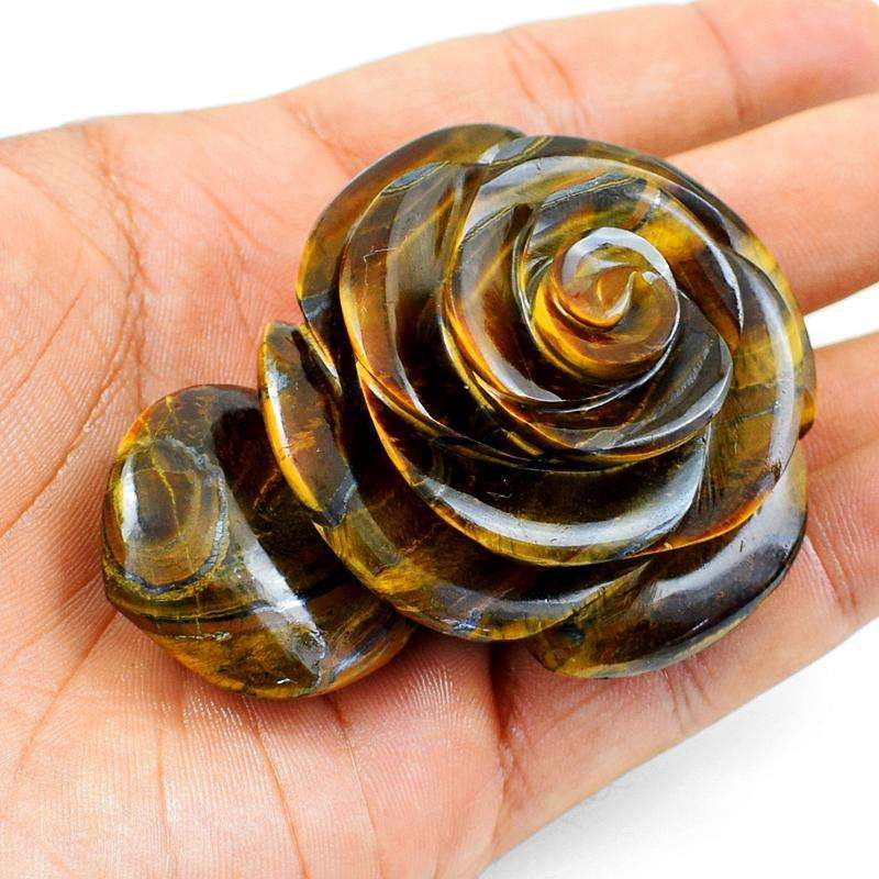 gemsmore:Hand Carved Golden Tiger Eye Rose With Leaf