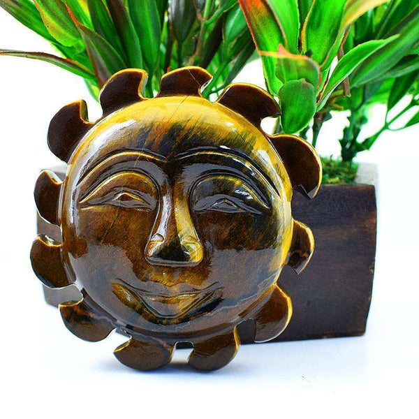 gemsmore:Hand Carved Golden Tiger Eye Sun Face Gemstone