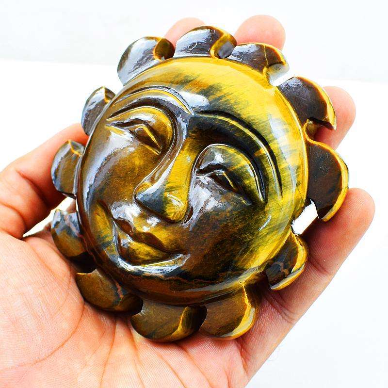 gemsmore:Hand Carved Golden Tiger Eye Sun Face Gemstone