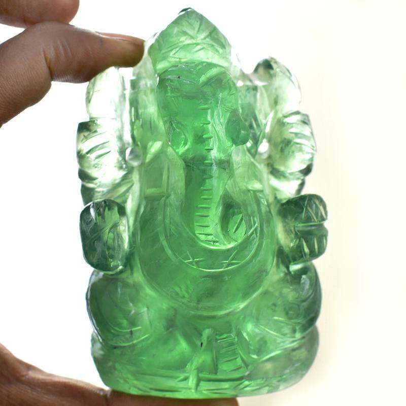 gemsmore:Hand Carved Green Fluorite Lord Ganesha Statue