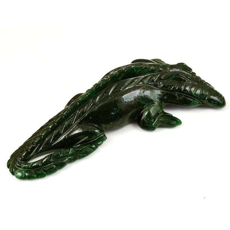 gemsmore:Hand Carved Green Jade Crocodile Gemstone