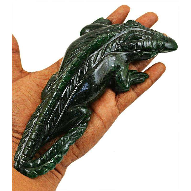 gemsmore:Hand Carved Green Jade Crocodile Gemstone