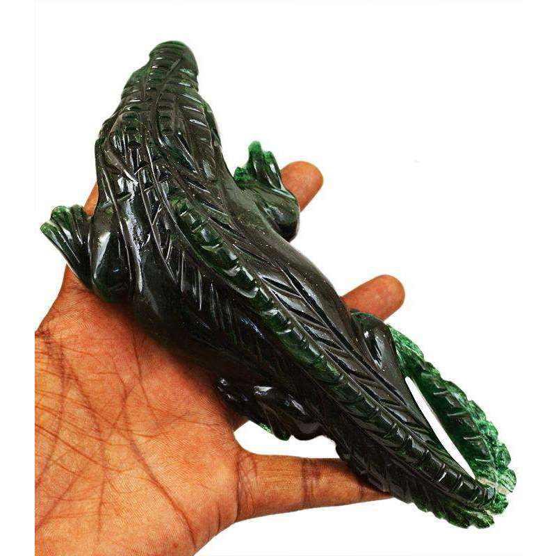 gemsmore:Hand Carved Green Jade Crocodile Gemstone
