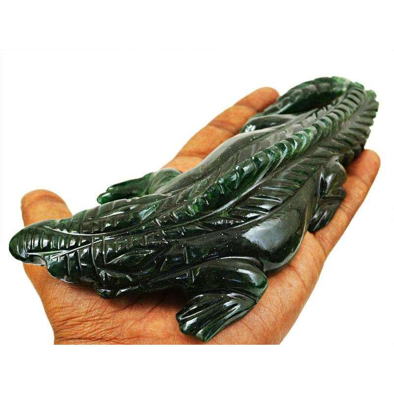 gemsmore:Hand Carved Green Jade Crocodile Gemstone