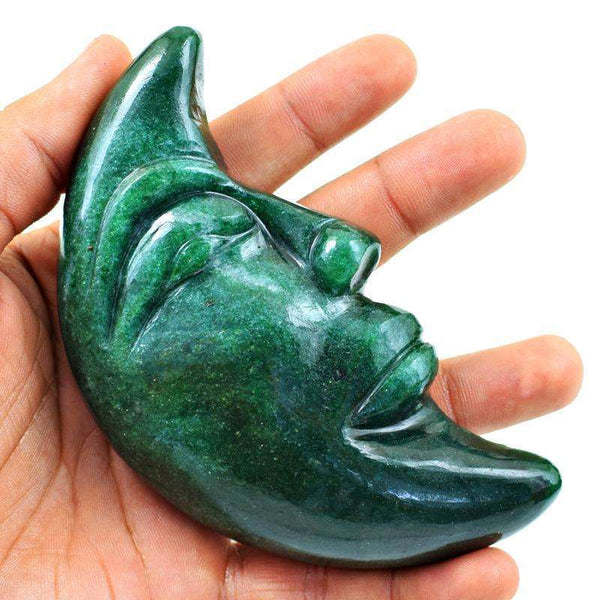 gemsmore:Hand Carved Green Jade Moon Face Gemstone