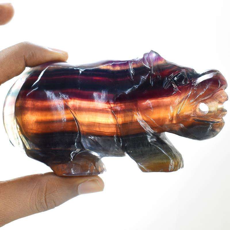 gemsmore:Hand Carved Multicolor Fluorite Hippo Gemstone