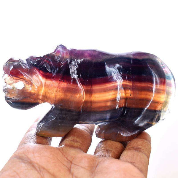 gemsmore:Hand Carved Multicolor Fluorite Hippo Gemstone