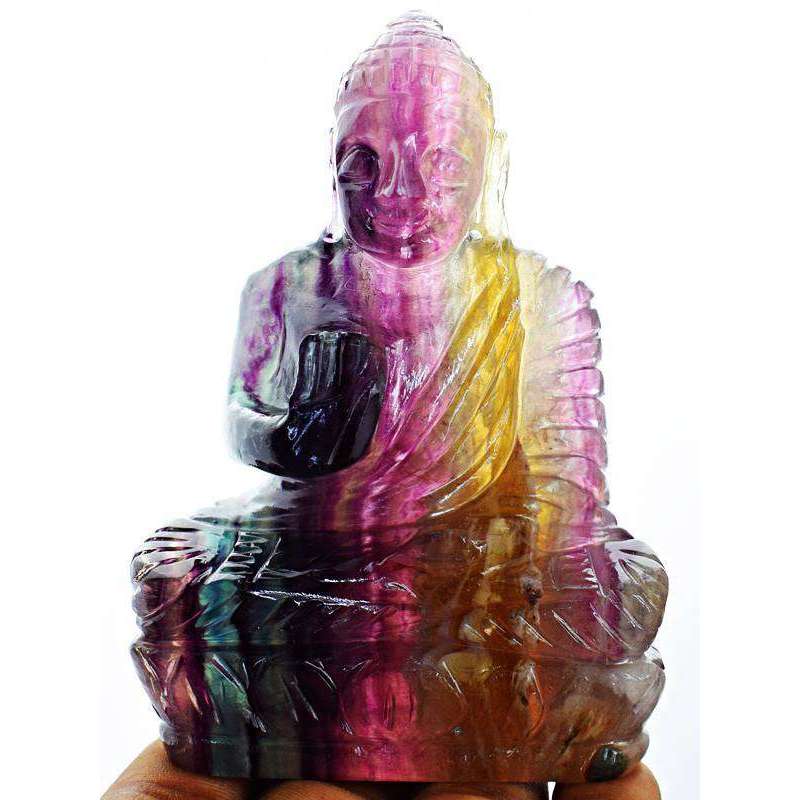 gemsmore:Hand Carved Multicolor Fluorite Lord Buddha Idol Statue