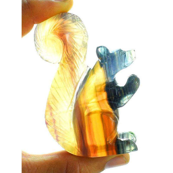 gemsmore:Hand Carved Multicolor Fluorite Squirrel - Rare