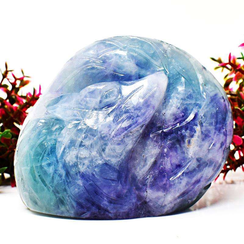 gemsmore:Hand Carved Multicolor Fluorite Wolf Head