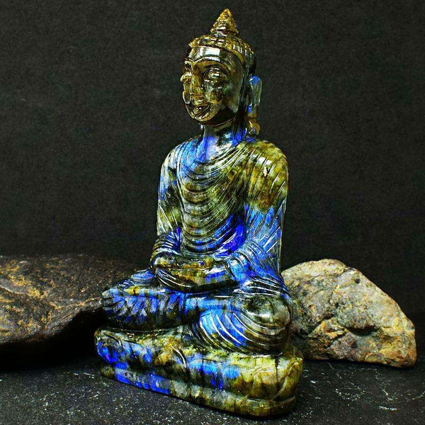 gemsmore:Hand Carved Museum Size Blue Flash Labradorite Lord Buddha